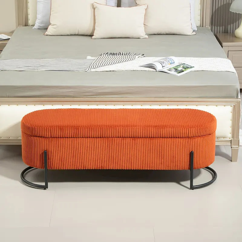 Padded Velvet Fabric Storage Bench Ottoman with Safety Hinge and Metal Legs