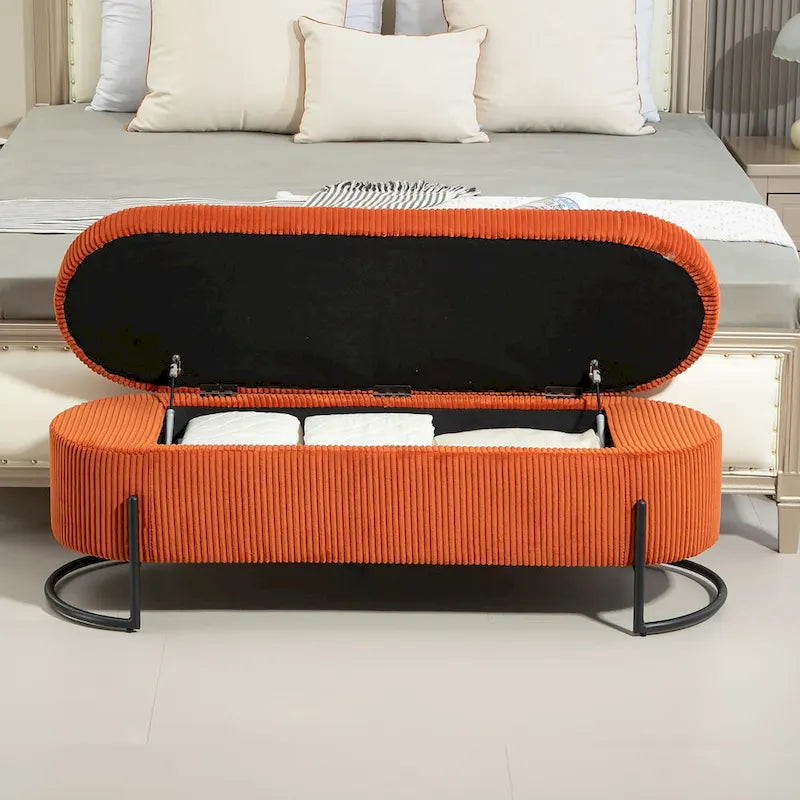 Padded Velvet Fabric Storage Bench Ottoman with Safety Hinge and Metal Legs