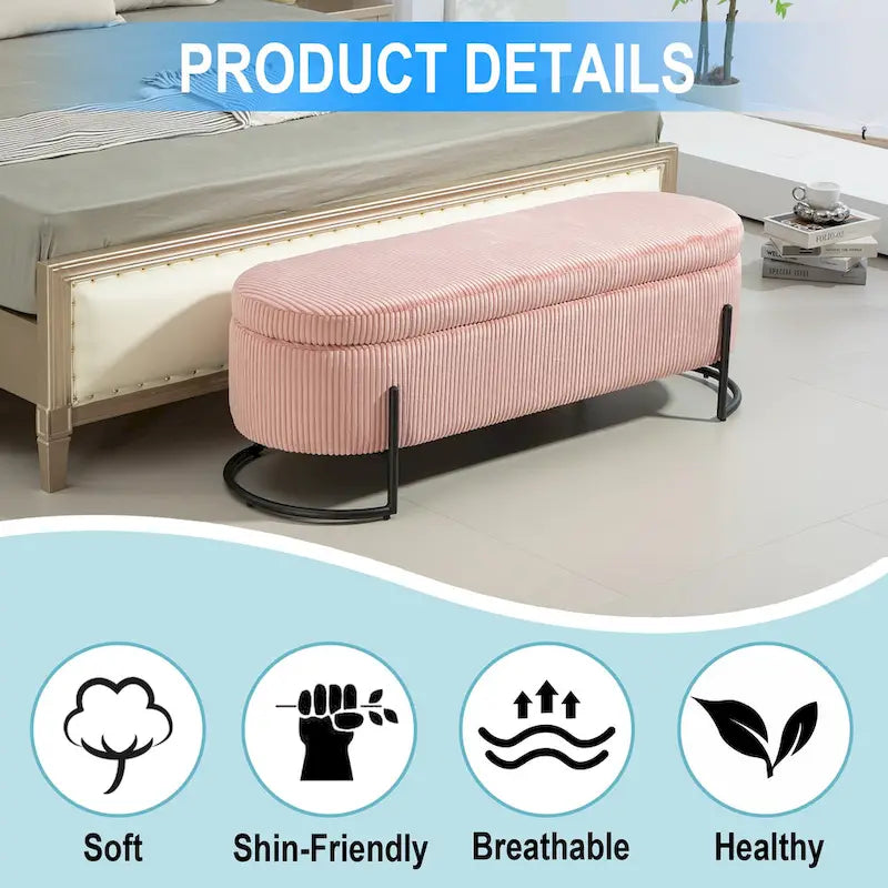 Padded Velvet Fabric Storage Bench Ottoman with Safety Hinge and Metal Legs