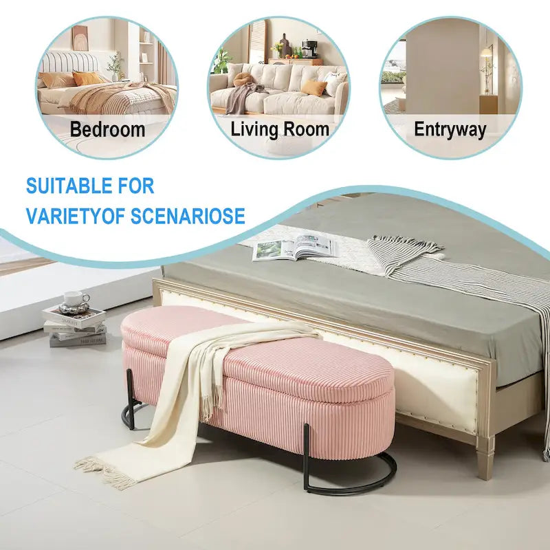 Padded Velvet Fabric Storage Bench Ottoman with Safety Hinge and Metal Legs