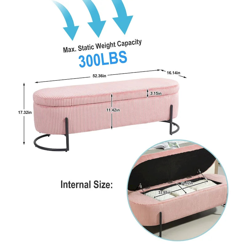 Padded Velvet Fabric Storage Bench Ottoman with Safety Hinge and Metal Legs
