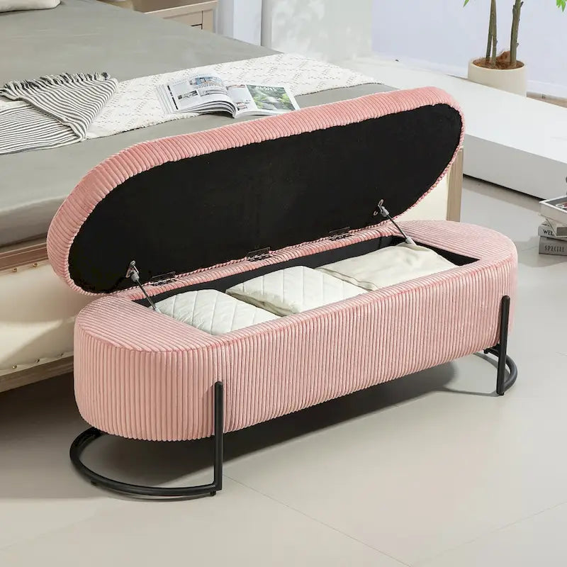 Padded Velvet Fabric Storage Bench Ottoman with Safety Hinge and Metal Legs