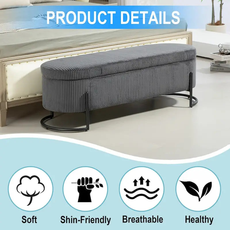 Padded Velvet Fabric Storage Bench Ottoman with Safety Hinge and Metal Legs