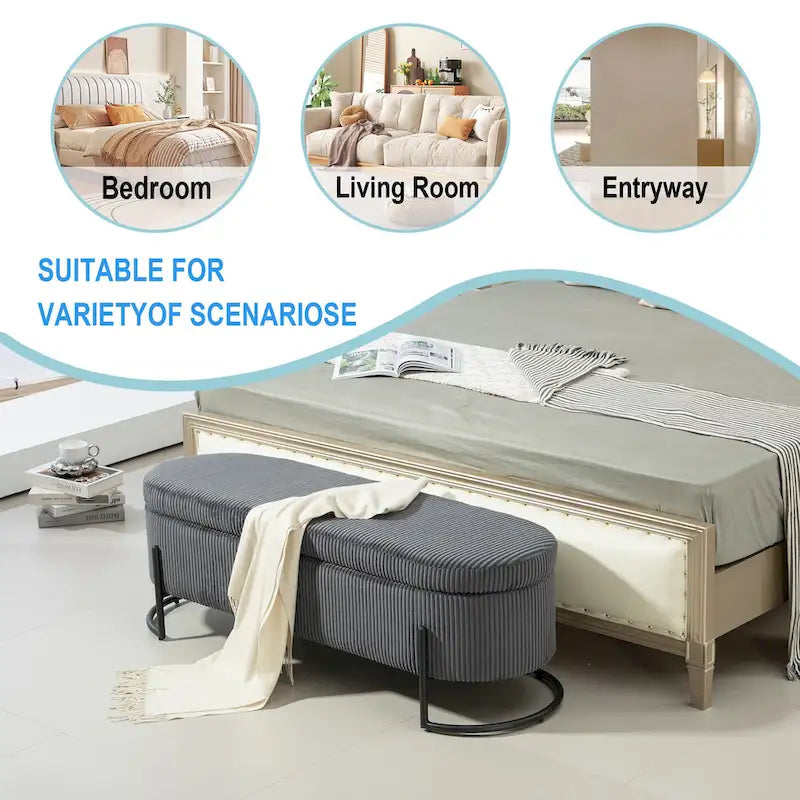 Padded Velvet Fabric Storage Bench Ottoman with Safety Hinge and Metal Legs