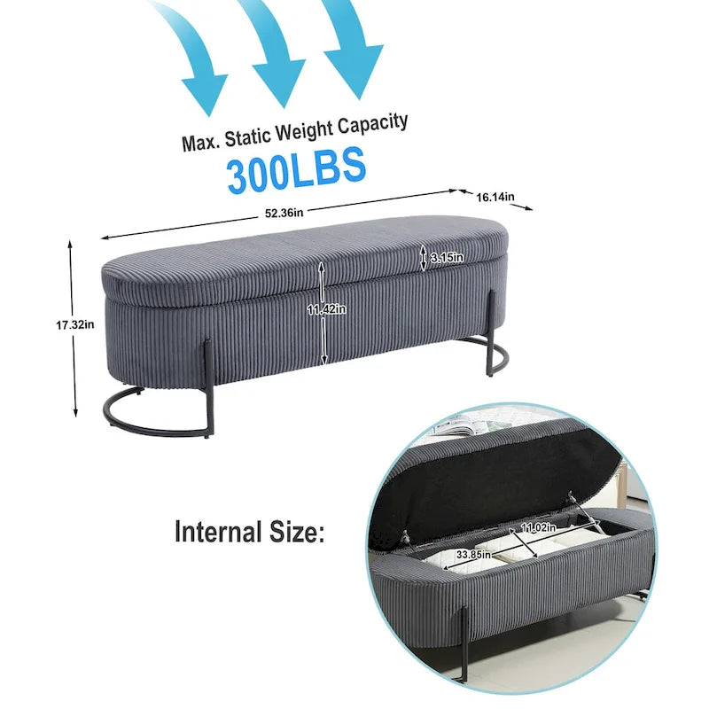 Padded Velvet Fabric Storage Bench Ottoman with Safety Hinge and Metal Legs
