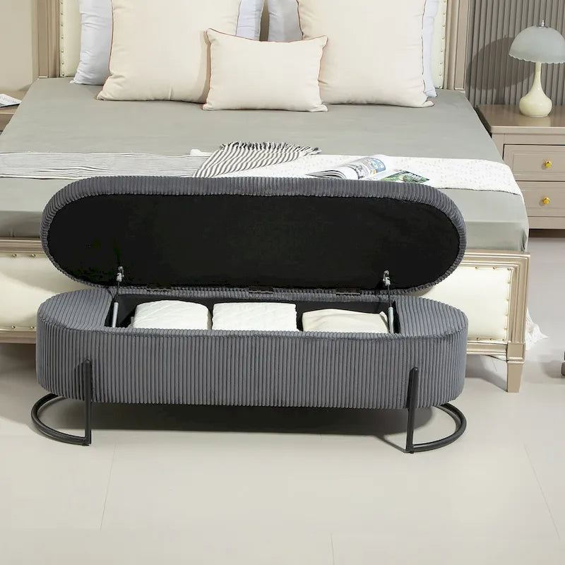 Padded Velvet Fabric Storage Bench Ottoman with Safety Hinge and Metal Legs