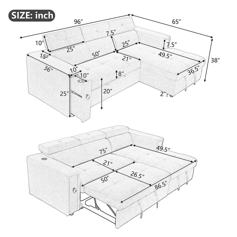 Beige L-Shape Sleeper Sectional Sofa with Adjustable Headrest & Charging