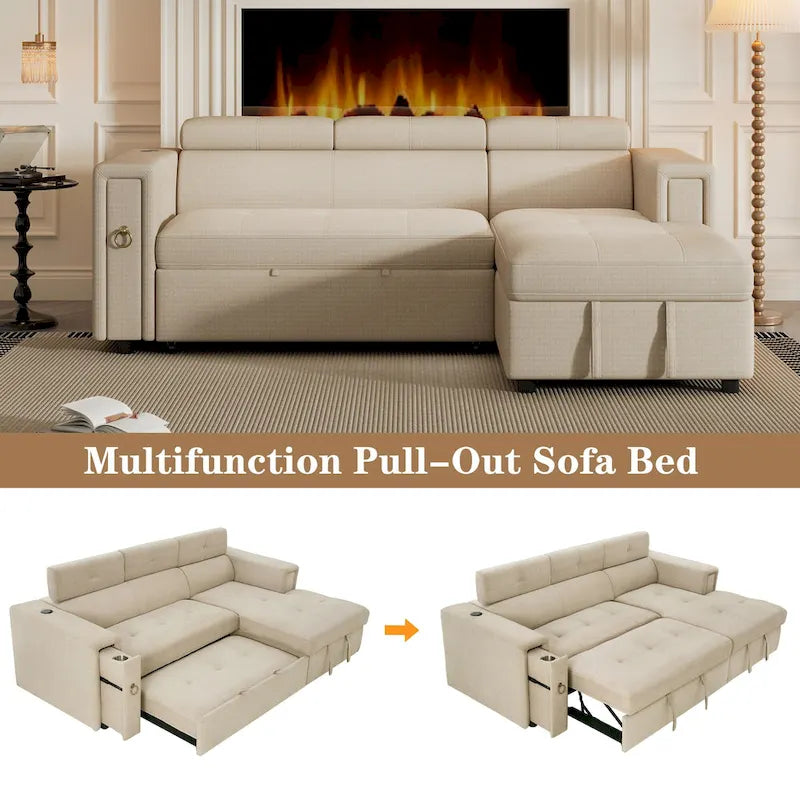 Beige L-Shape Sleeper Sectional Sofa with Adjustable Headrest & Charging