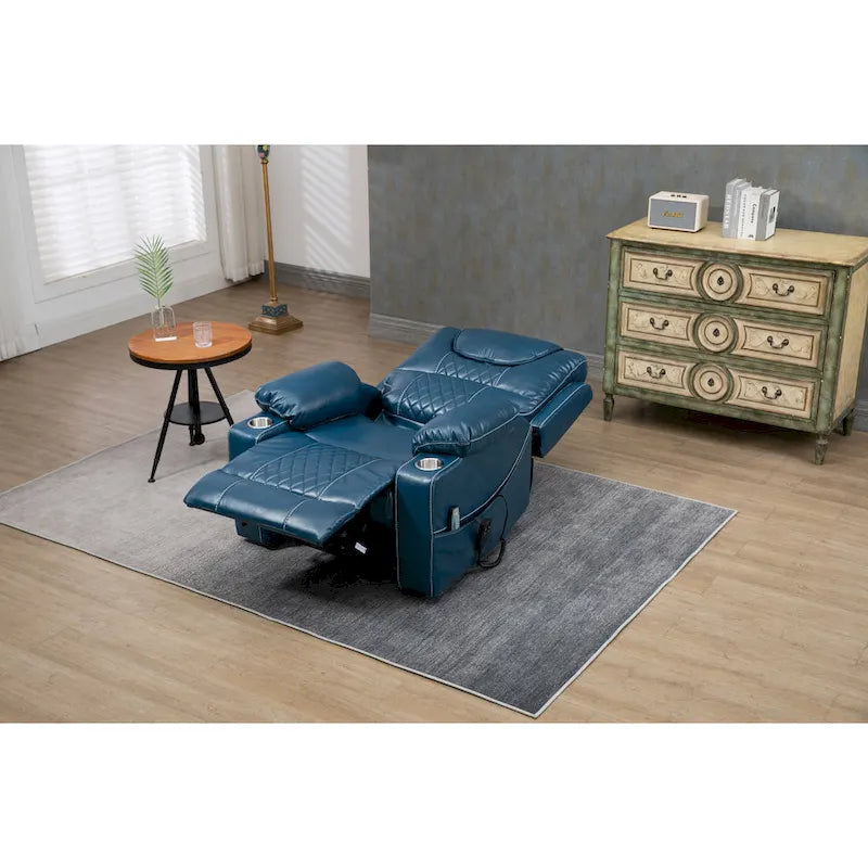 Blue Oversized PU Leather Power Lift Recliner with Massage, Heating, Lay Flat