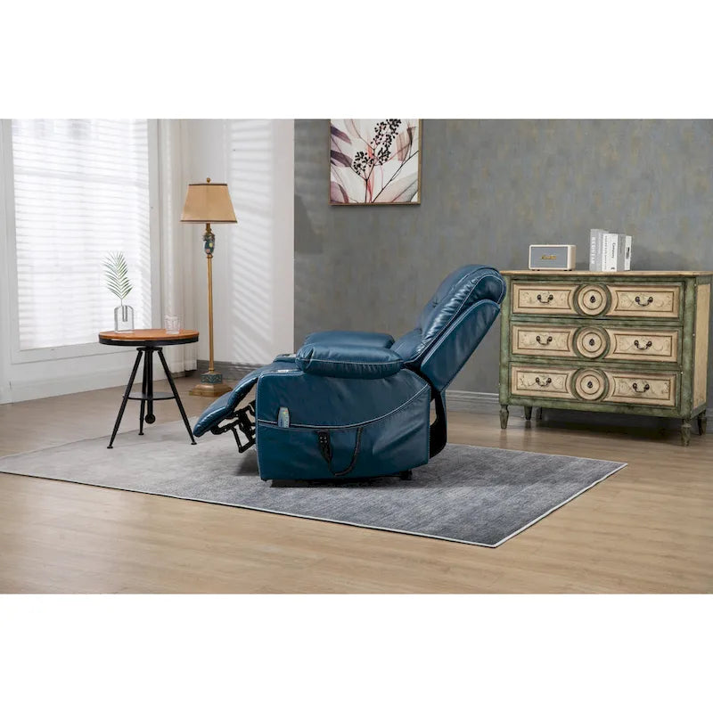 Blue Oversized PU Leather Power Lift Recliner with Massage, Heating, Lay Flat