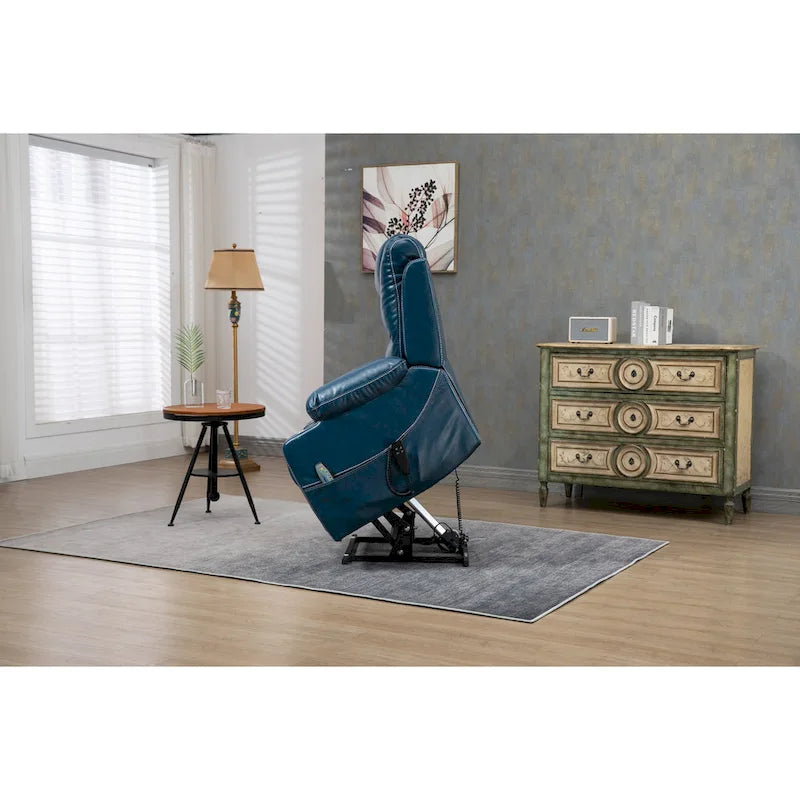 Blue Oversized PU Leather Power Lift Recliner with Massage, Heating, Lay Flat