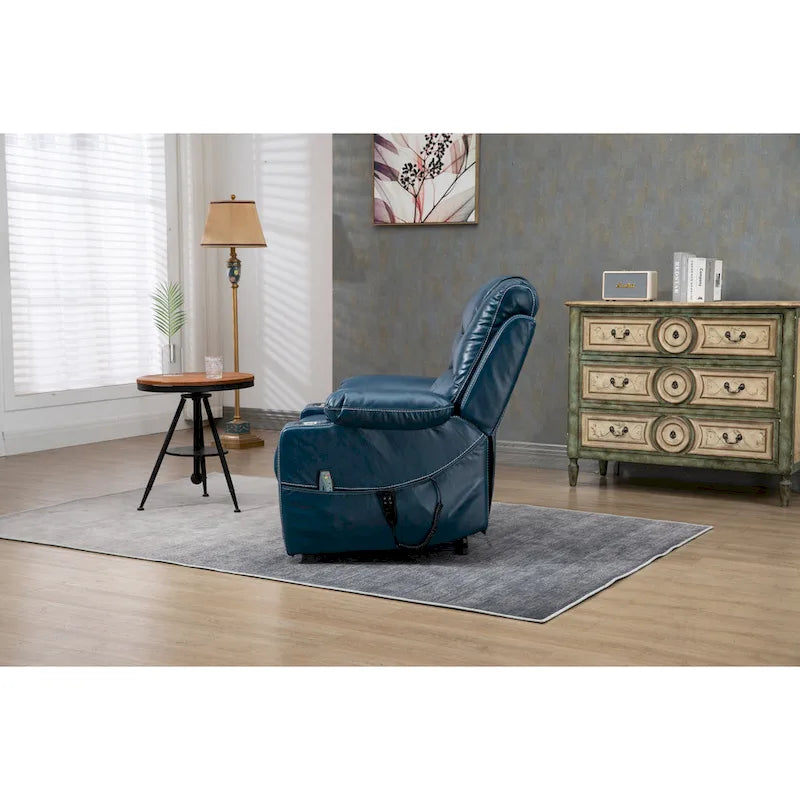 Blue Oversized PU Leather Power Lift Recliner with Massage, Heating, Lay Flat