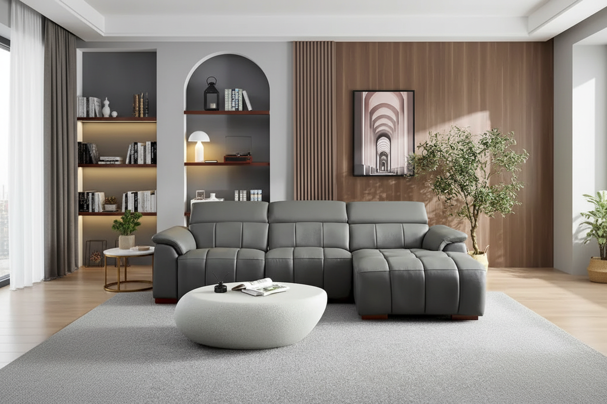 Wall-Hugger Reclining Sofa Modern Electric Control Genuine Leather L Shaped Couch, Seating Furniture with USB Port