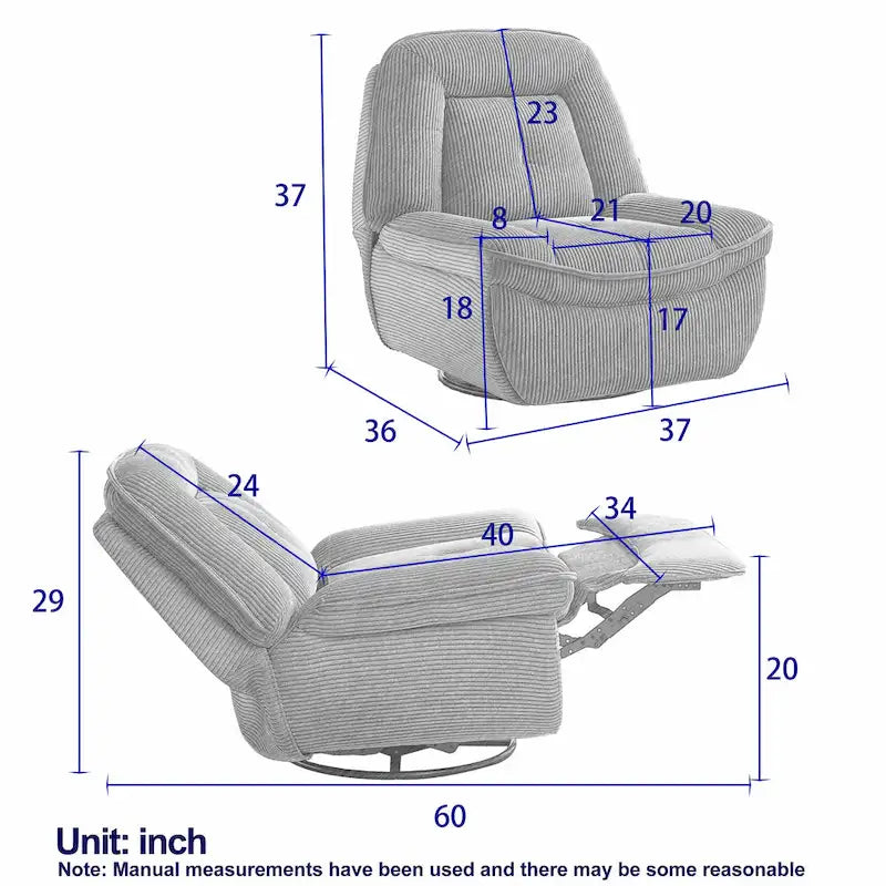 Corduroy Swivel Glider Recliner, Footrest for Living Room