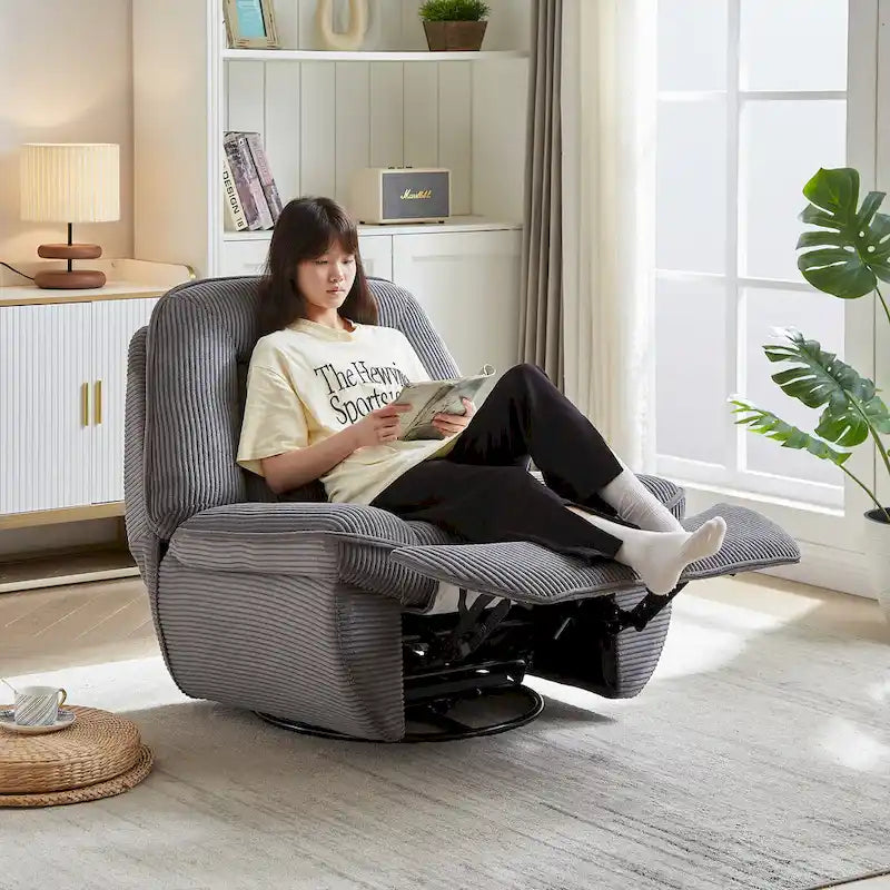 Corduroy Swivel Glider Recliner, Footrest for Living Room