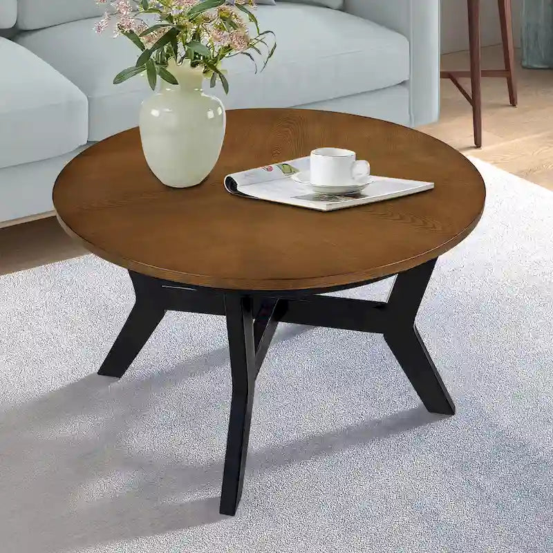 32inch Wood Round Coffee Table for Living Room,Mid Century Farmhouse Circle Wooden Coffee Tables for Apartment, Easy Assembly