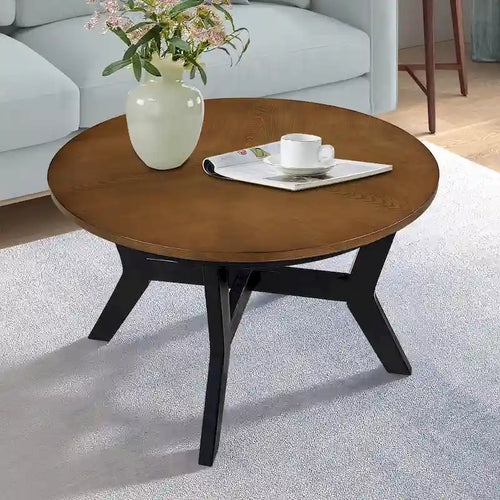 32inch Wood Round Coffee Table for Living Room,Mid Century Farmhouse Circle Wooden Coffee Tables for Apartment, Easy Assembly