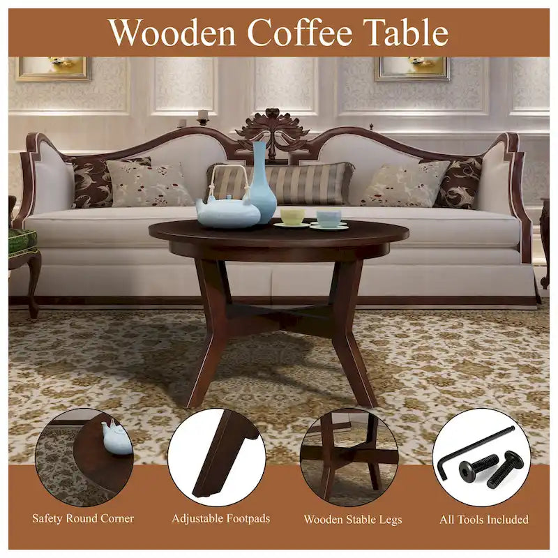 32inch Wood Round Coffee Table for Living Room,Mid Century Farmhouse Circle Wooden Coffee Tables for Apartment, Easy Assembly