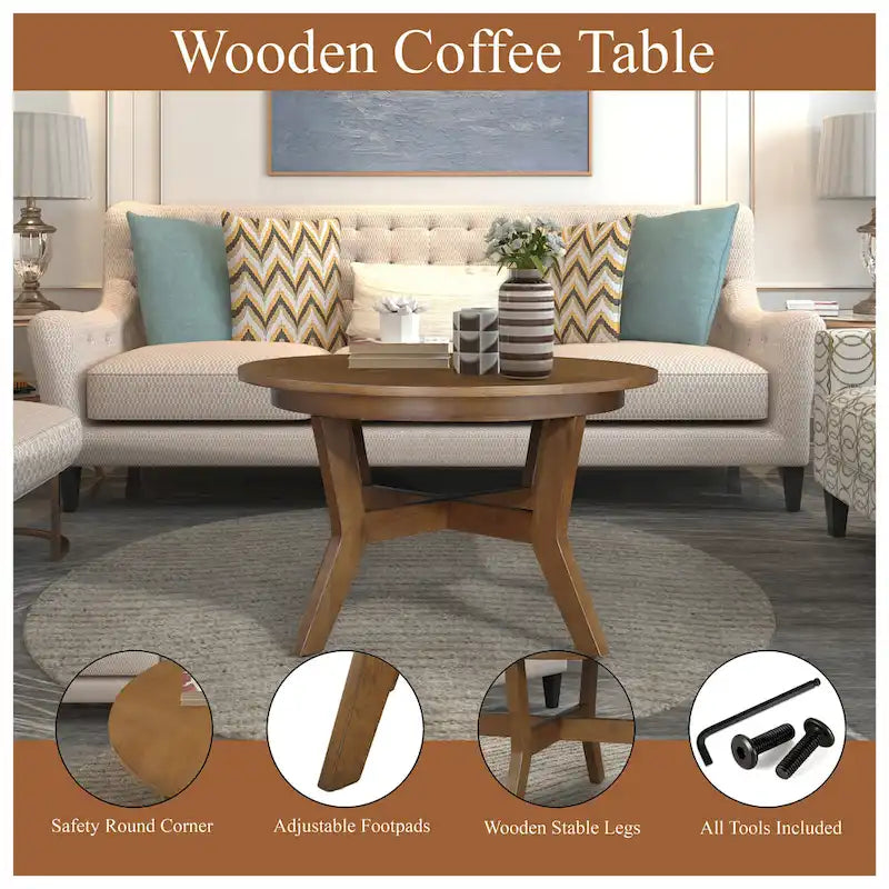 32inch Wood Round Coffee Table for Living Room,Mid Century Farmhouse Circle Wooden Coffee Tables for Apartment, Easy Assembly