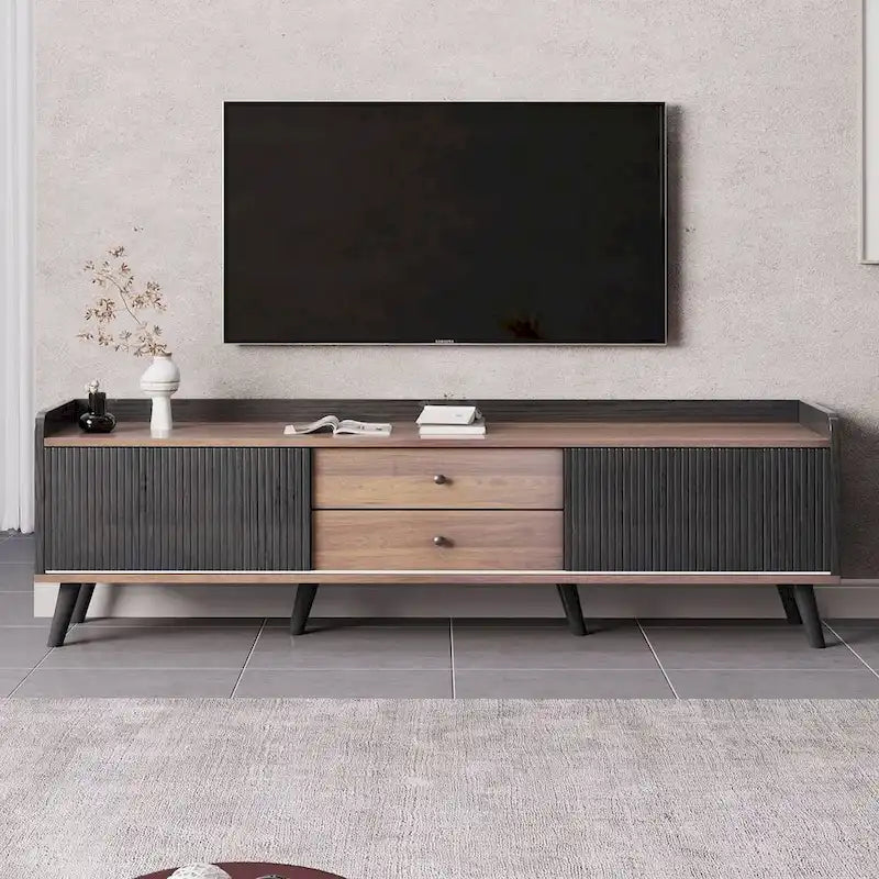 63 Inch Mid Century Modern TV Cabinet Dark Brown Black