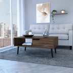 Coffee Table, One Drawer, One Open Shelf, Four Legs, Dark Walnut Finish
