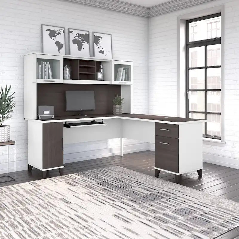 Bush Furniture Somerset 72W L Shaped Desk with Storage Hutch