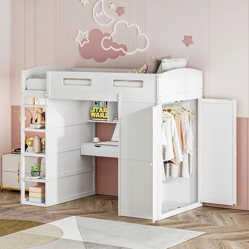 Twin Size Loft Bed with Desk, Wardrobes, 4 Drawers and 4 Shelves