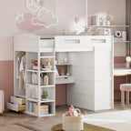 Twin Size Loft Bed with Desk, Wardrobes, 4 Drawers and 4 Shelves