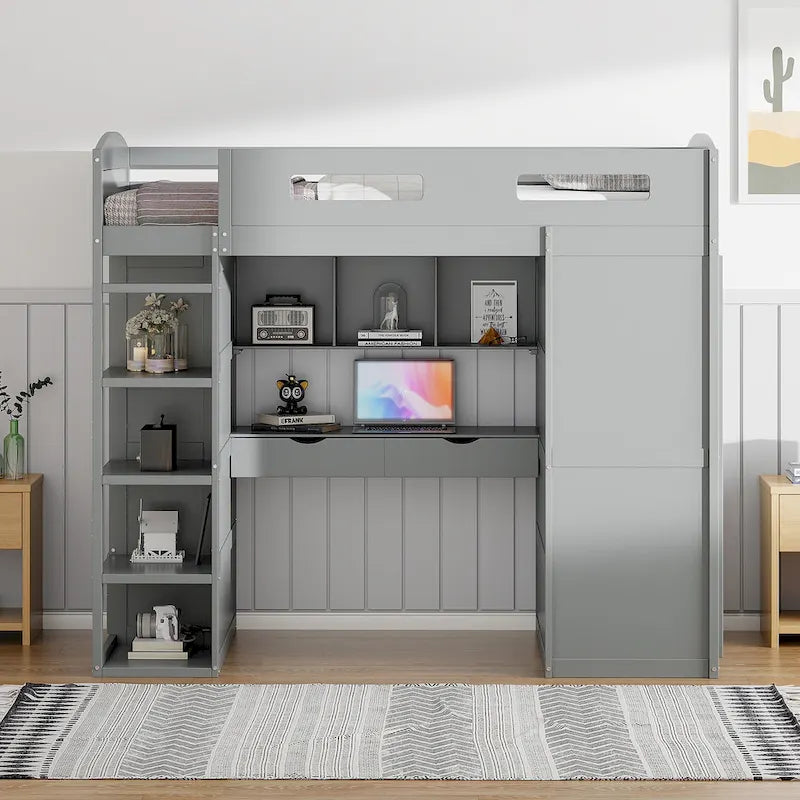 Twin Size Loft Bed with Desk, Wardrobes, 4 Drawers and 4 Shelves