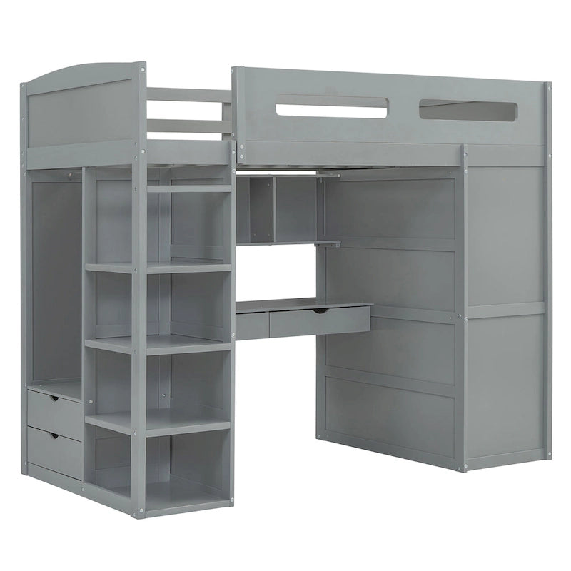 Twin Size Loft Bed with Desk, Wardrobes, 4 Drawers and 4 Shelves