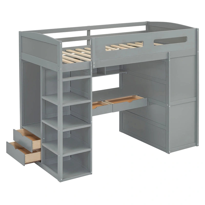 Twin Size Loft Bed with Desk, Wardrobes, 4 Drawers and 4 Shelves