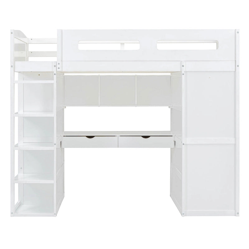 Twin Size Loft Bed with Desk, Wardrobes, 4 Drawers and 4 Shelves