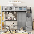 Nordic Creative Full Size Wood Loft Bed with Bookshelf, Drawers, Desk and Wardrobe Storage Bed Frame for Kids Teens Adults
