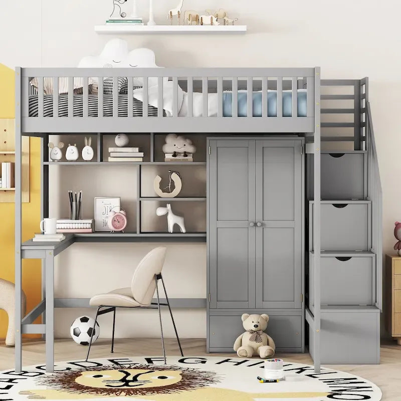 Nordic Creative Full Size Wood Loft Bed with Bookshelf, Drawers, Desk and Wardrobe Storage Bed Frame for Kids Teens Adults