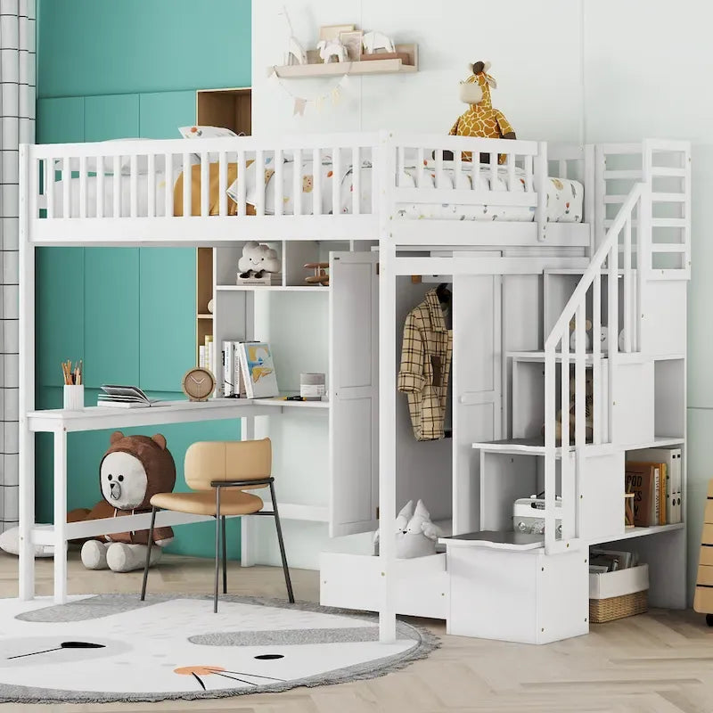 Nordic Creative Full Size Wood Loft Bed with Bookshelf, Drawers, Desk and Wardrobe Storage Bed Frame for Kids Teens Adults