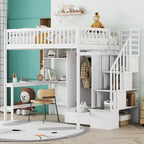 Nordic Creative Full Size Wood Loft Bed with Bookshelf, Drawers, Desk and Wardrobe Storage Bed Frame for Kids Teens Adults