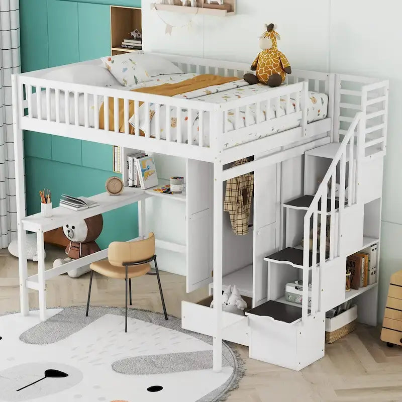 Nordic Creative Full Size Wood Loft Bed with Bookshelf, Drawers, Desk and Wardrobe Storage Bed Frame for Kids Teens Adults