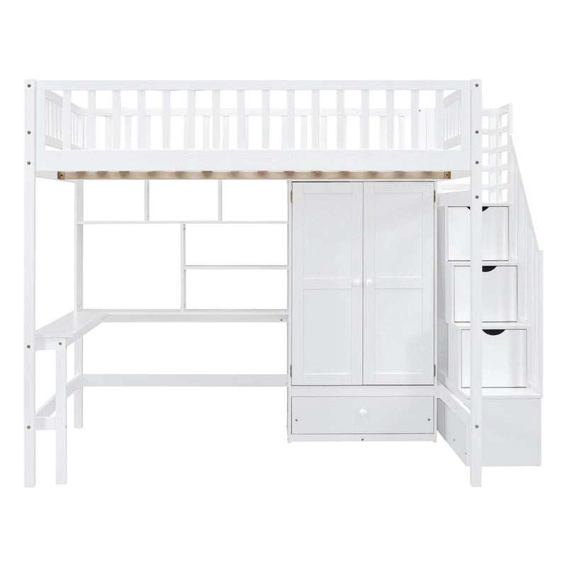 Nordic Creative Full Size Wood Loft Bed with Bookshelf, Drawers, Desk and Wardrobe Storage Bed Frame for Kids Teens Adults