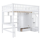 Nordic Creative Full Size Wood Loft Bed with Bookshelf, Drawers, Desk and Wardrobe Storage Bed Frame for Kids Teens Adults