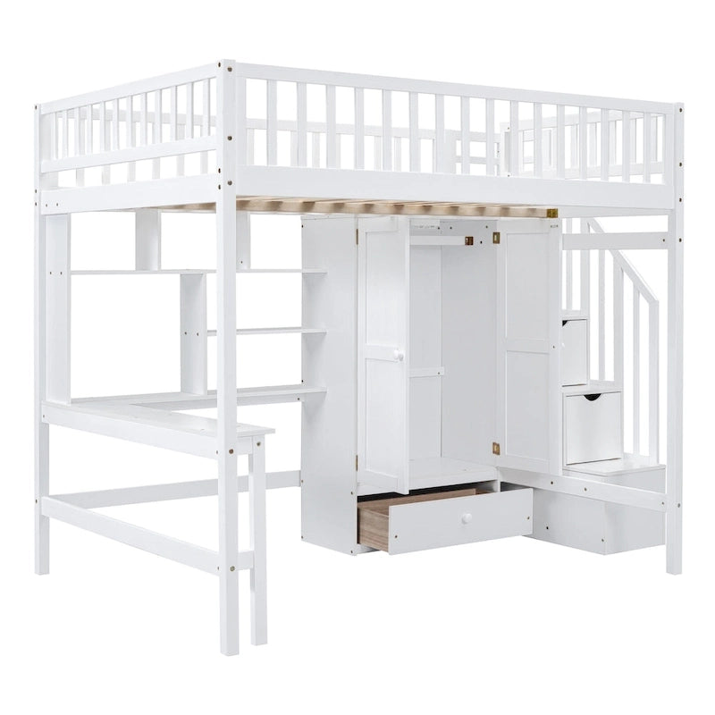 Nordic Creative Full Size Wood Loft Bed with Bookshelf, Drawers, Desk and Wardrobe Storage Bed Frame for Kids Teens Adults