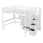 Nordic Creative Full Size Wood Loft Bed with Bookshelf, Drawers, Desk and Wardrobe Storage Bed Frame for Kids Teens Adults