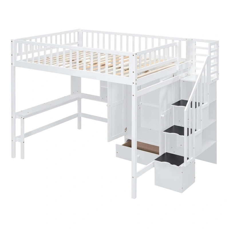 Nordic Creative Full Size Wood Loft Bed with Bookshelf, Drawers, Desk and Wardrobe Storage Bed Frame for Kids Teens Adults