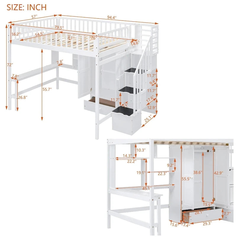 Nordic Creative Full Size Wood Loft Bed with Bookshelf, Drawers, Desk and Wardrobe Storage Bed Frame for Kids Teens Adults