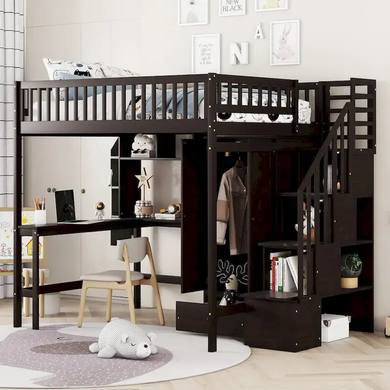 Nordic Creative Full Size Wood Loft Bed with Bookshelf, Drawers, Desk and Wardrobe Storage Bed Frame for Kids Teens Adults