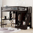 Nordic Creative Full Size Wood Loft Bed with Bookshelf, Drawers, Desk and Wardrobe Storage Bed Frame for Kids Teens Adults