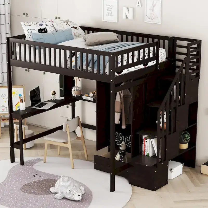 Nordic Creative Full Size Wood Loft Bed with Bookshelf, Drawers, Desk and Wardrobe Storage Bed Frame for Kids Teens Adults