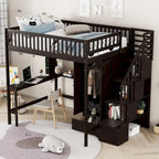 Nordic Creative Full Size Wood Loft Bed with Bookshelf, Drawers, Desk and Wardrobe Storage Bed Frame for Kids Teens Adults