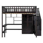Nordic Creative Full Size Wood Loft Bed with Bookshelf, Drawers, Desk and Wardrobe Storage Bed Frame for Kids Teens Adults