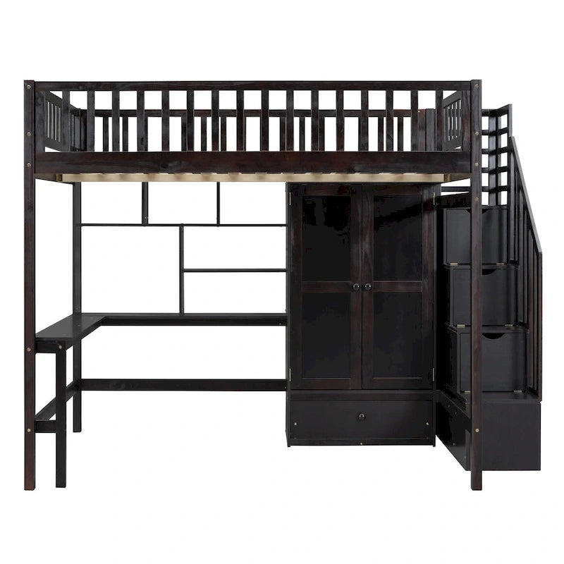 Nordic Creative Full Size Wood Loft Bed with Bookshelf, Drawers, Desk and Wardrobe Storage Bed Frame for Kids Teens Adults