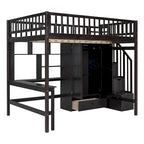 Nordic Creative Full Size Wood Loft Bed with Bookshelf, Drawers, Desk and Wardrobe Storage Bed Frame for Kids Teens Adults